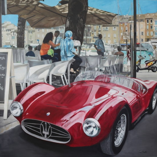 Maserati A6CGS,in St Tropez.|Original oil paint on Linen canvas painting by artist Paul Smith.|H 72 x L72 inches (H183 x L183 cm )|SOLD