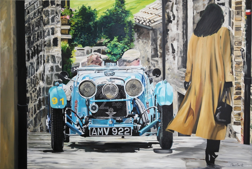 1930s Aston Martin at the Mille Miglia,| Original Oil on Linen Canvas painting by Artist Paul Smith.|72 x 108 inches ( 183 x 275cm).|SOLD