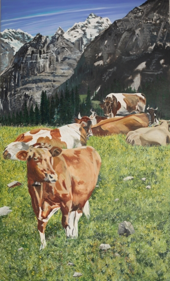 Cows resting on a Swiss Alpine Pasture.|Original oil Paint on Linen by artist Paul Smith.|H 250 x L150 cm.|SOLD.