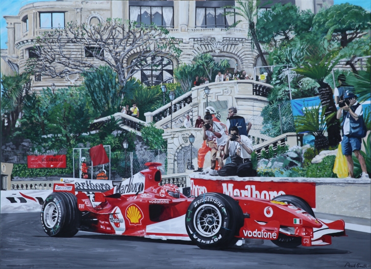 F1 Michael Schumacher ,2005 Monaco Grand Prix.|Original oil paint on linen cancas by artist Paul Smith.|H1020 x W1400cm.|SOLD