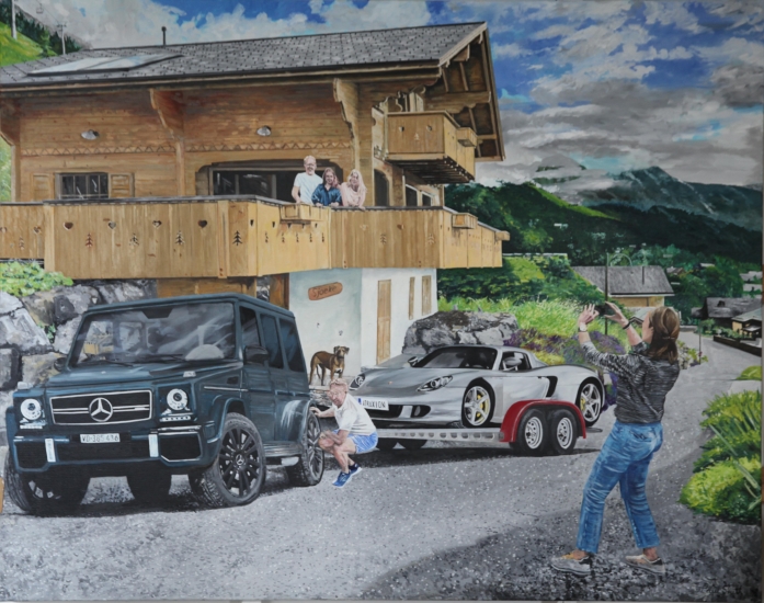 Porsche Carrera Gt,Mercedes G Wagen, Jan and family at Swiss Holiday home.|Original oil paint on Linen by artist Paul Smith.|Dimensions H150 x W190cm.|Sold.