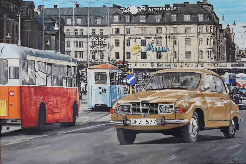 Saab 96 V4 in Stockholm Centre.|Original oil paint on Linen ,by artist Paul Smith.|H80 x L120 cm.|SOLD