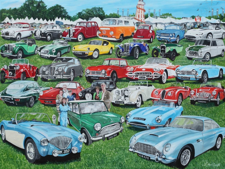 Trevors Cars.All that had been used to visit Goodwood Revival parking,important requesat that all number plates where visible.||Original oil paint on Linen painting by artist Paul Smith.|H36 x L48 inches (H91 x  L122cm)|SOLD