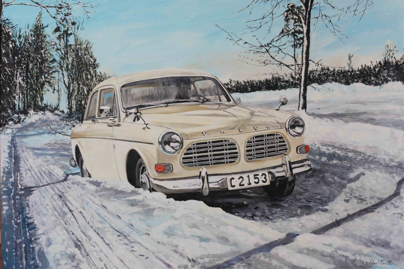 Volvo Amazon in Snowy Swedish landscape.|Original oil paint on Linen ,by artist Paul Smith.|H80 x L120 cm.|SOLD